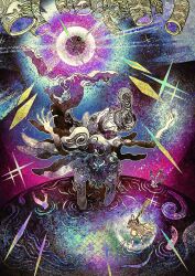 casting_spell elden_ring elden_ring:_shadow_of_the_erdtree eldritch_abomination fingerprint gaxix glint glowing glowing_eye holding holding_sword holding_weapon light_rays metyr_mother_of_fingers monster one-eyed outstretched_arms purple_eyes sword tarnished_(elden_ring) too_many_fingers weapon