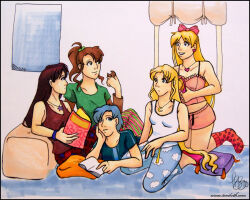 5girls aino_minako artist_request bishoujo_senshi_sailor_moon blonde_hair blue_eyes blue_hair blue_pants bow braiding_hair brown_hair camisole cloud_print collarbone cookie crescent crescent_collar cushion feet_out_of_frame food frilled_tank_top green_shirt hair_bow hair_undone hairdressing heart_collar hino_rei kino_makoto lying magazine_(object) mizuno_ami multiple_girls on_stomach painting_(medium) pajama_pants pajamas pants pink_camisole pink_socks ponytail print_pants red_hair red_tank_top shirt short_shorts shorts sleepover sleepwear socks star_(symbol) star_print t-shirt tank_top traditional_media tsukino_usagi watercolor_(medium) white_tank_top