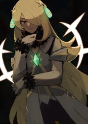 Rule 34 | 1girl, black background, blonde hair, creatures (company), cynthia (arc suit) (pokemon), cynthia (pokemon), dutch angle, game freak, glowing, grey eyes, hair over one eye, haru (haru-n), highres, long hair, looking at viewer, nintendo, official alternate costume, pokemon, pokemon masters ex, solo, very long hair