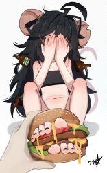 1girl 1other absurdres ahoge animal_ears armpit_crease bare_shoulders barefoot black_hair black_nails black_sports_bra blush boppin bottle burger collarbone commission convenient_censoring covering_face feet feet_burger_(meme) feet_in_food flat_chest food foreshortening glasses grey_background highres holding holding_burger holding_food indie_virtual_youtuber loli long_hair meme mole mole_under_mouth mouse_ears mouse_girl nail_polish navel pixiv_commission pov ririgaki shadow signature sitting solo_focus sports_bra stomach toenail_polish toenails toes very_long_hair virtual_youtuber