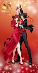 1boy 1girl absurdres artist_request black_gloves black_hair black_jacket black_pants black_shoes blue_eyes bow bowtie bracelet brown_hair collared_shirt dancing domon_kasshu dress earrings g_gundam gloves gold_bracelet gold_earrings gundam headband high_heels highres jacket jewelry official_art open_clothes open_jacket pants rain_mikamura red_bow red_bowtie red_dress red_headband red_shoes shirt shoes white_shirt
