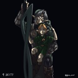 2boys armor black_background blank_eyes blonde_hair blue_eyes boots facing_viewer fierce_deity fingerless_gloves gloves grey_hair gus_uur hat holding holding_sword holding_weapon link multiple_boys nintendo on_lap pointy_ears sword the_legend_of_zelda the_legend_of_zelda:_majora&#039;s_mask tunic weapon