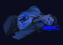 1boy blood blood_from_mouth blood_on_clothes blood_splatter blue_background blue_blood blue_theme bullet_hole closed_mouth commentary connor_(detroit) cropped_arms cropped_legs death detroit:_become_human dress_shirt empty_eyes hashtag-only_commentary highres iyzlime jacket lying male_focus mechabare necktie nosebleed on_side pants shirt shirt_tucked_in short_hair sideburns simple_background solo suit_jacket