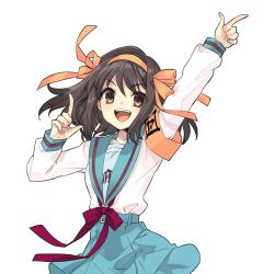 Rule 34 | 1girl, arm up, armband, artist name, blue sailor collar, blue skirt, brown eyes, brown hair, collarbone, commentary request, hair ribbon, hairband, hand up, highres, ito noizi, kita high school uniform, looking at viewer, medium hair, official art, orange armband, orange hairband, orange ribbon, ribbon, sailor collar, school uniform, second-party source, serafuku, simple background, skirt, solo, suzumiya haruhi, suzumiya haruhi no yuuutsu, upper body, watermark, white background, winter uniform