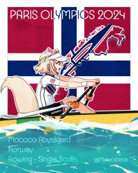 1girl 2024_summer_olympics absurdres alternate_costume animal_ear_fluff animal_ears black_shorts blonde_hair blue_eyes boat commentary english_commentary flag_background from_side highres hololive hololive_english meiyoshima mococo_abyssgard multicolored_hair norway norwegian_flag oar olympics pink_hair profile rowboat rowing short_hair shorts solo streaked_hair tail virtual_youtuber visor_cap water watercraft wristband