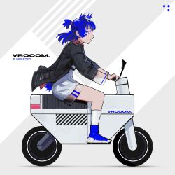 1girl animal_ears bear_ears bear_girl bear_tail belt black_belt black_coat blue_hair blue_shoes blue_tail blunt_bangs blunt_ends blunt_sidelocks chest_belt coat collared_coat commentary dress driving english_commentary english_text extra_ears eyebrows_hidden_by_hair floating_clothes floating_hair from_side full_body go!_go!_gris! grey_background gris_(go!_go!_gris!) hair_tie half_updo handlebar highres holding holding_handlebar invisible_floor kneehighs leaning_forward long_eyelashes looking_ahead medium_hair motor_vehicle on_scooter open_clothes open_coat original outstretched_arms pink_coat pink_eyes ponytail profile red_eyes riding scooter see-through_clothes see-through_skirt see-through_sleeves shadow shoes short_dress short_ponytail short_tail sidelocks sitting skirt slip-on_shoes socks solo straddling tail thick_eyelashes thighs two-sided_coat two-sided_fabric two-tone_background underbust vertigris wheel white_background white_dress white_socks wind wind_lift