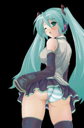 1girl aqua_eyes aqua_hair ass back black_thighhighs detached_sleeves female_focus from_behind green_panties hatsune_miku long_hair looking_back miniskirt one_eye_closed open_mouth panties pantyshot skirt solo standing striped_clothes striped_panties testa thighhighs thighs trefoil twintails underwear upskirt vocaloid wink yamaha