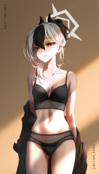 1girl absurdres black_bra black_hair black_horns black_panties blue_archive bra bucho_sama collarbone cowboy_shot demon_horns ear_piercing earclip grey_halo halo highres horns kayoko_(blue_archive) looking_at_viewer mole mole_on_collarbone mole_on_neck multicolored_hair navel off_shoulder panties piercing solo two-tone_hair underwear underwear_only white_hair