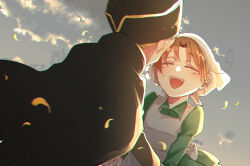 2boys ahoge akane0000719 apron axis_powers_hetalia back back_bow black_cape black_hat black_shirt blonde_hair blush bow buttons cape chibitalia_(hetalia) child closed_eyes cloud cloudy_sky collared_dress commentary_request crossdressing dress evening green_dress grey_sky happy hat headscarf highres holding_hands holy_roman_empire_(hetalia) juliet_sleeves long_sleeves male_focus multiple_boys northern_italy_(hetalia) open_mouth orange_hair outdoors petals puffy_sleeves shirt short_hair sky smile standing teeth white_apron white_bow white_headscarf yaoi