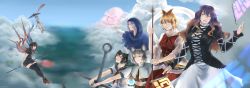 1boy 6+girls above_clouds anchor animal_ears animal_print anniversary arm_up asymmetrical_wings bishamonten&#039;s_pagoda bishamonten&#039;s_spear black_dress black_hair black_legwear blonde_hair blue_eyes blue_hair blue_skirt blue_sky blue_vest bow bowtie capelet cloud commentary crossed_legs day dress english_commentary euphori_cat flying geta gradient_hair green_eyes green_sailor_collar grey_hair grin hagoromo hat head_tilt heterochromia highres hijiri_byakuren holding holding_polearm holding_spear holding_weapon hood hoop houjuu_nue jewelry juliet_sleeves karakasa_obake kumoi_ichirin layered_dress long_hair long_sleeves looking_at_viewer looking_to_the_side mouse_ears multicolored_hair multiple_girls murasa_minamitsu nazrin neckerchief orange_eyes outdoors parted_lips pendant polearm puffy_sleeves red_bow red_bowtie red_eyes red_footwear sailor_collar sailor_hat shawl shirt short_hair short_sleeves shorts sitting sitting_on_object skirt skirt_set sky smile snake sorcerer&#039;s_sutra_scroll spear streaked_hair tatara_kogasa thighhighs tiger_print toramaru_shou touhou trident twitter_username ufo umbrella undefined_fantastic_object unzan very_long_hair vest weapon white_shirt white_shorts wings yellow_eyes