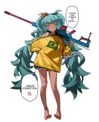 1girl anger_vein anklet aqua_eyes aqua_hair artist_name bead_anklet beads brazilian_flag brazilian_flag_print brazilian_miku closed_mouth commentary dark-skinned_female dark_skin english_text fang fang_out feet flag_print flower full_body hair_flower hair_ornament hatsune_miku highres holding holding_toy_gun jewelry long_hair looking_at_viewer red_flower shirt short_sleeves simple_background smug solo speech_bubble standing sydus symbol-only_commentary toes toy_gun twintails v-shaped_eyebrows very_long_hair vocaloid white-framed_eyewear white_background yellow_shirt