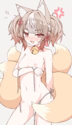 absurdres animal_ears bikini blush breasts brown_hair character_request fox_ears fox_tail front-tie_bikini_top front-tie_top highres kazuki-p555 large_tail multiple_tails red_eyes sekka_(shadowverse) shadowverse short_hair small_breasts swimsuit tail white_bikini