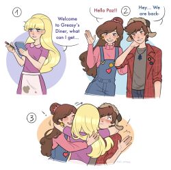 Rule 34 | !, 1boy, 2girls, ^^^, aged up, apron, arm around neck, arms around neck, badge, blonde hair, blue overalls, blue pants, blunt bangs, blush, breasts, brother and sister, brown eyes, brown hair, brown shirt, button badge, collared dress, collared shirt, denim, dipper pines, dress, ear piercing, earrings, elle draws, flustered, freckles, glomp, gravity falls, grin, group hug, hair ornament, hair scrunchie, half updo, hand on another&#039;s back, hand on own neck, happy, hat, highres, holding, holding notepad, holding pencil, hug, jeans, jewelry, long hair, looking down, mabel pines, multiple girls, nervous smile, notepad, open clothes, open shirt, overalls, pacifica northwest, pants, parted lips, pencil, piercing, pink lips, pink sweater, plaid clothes, plaid shirt, purple dress, red shirt, scrunchie, shirt, siblings, sleeves rolled up, small breasts, smile, stained clothes, star (symbol), star earrings, surprised, sweater, topknot, tree necklace, turtleneck, turtleneck sweater, twins, ushanka, waist apron, waving arm