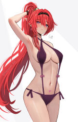 1girl bikini black_bikini black_hairband breasts commentary cowboy_shot hairband haruyuki_(karem) high_ponytail highres linea_alba long_hair looking_at_viewer medium_breasts navel pointy_ears ponytail purple_eyes red_eyes side-tie_bikini_bottom signature simple_background solo swimsuit symbol-only_commentary twitter_username very_long_hair white_background wuthering_waves yinlin_(wuthering_waves)