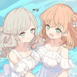 Rule 34 | 2girls, :d, alternate costume, aqua eyes, armpit crease, bare shoulders, blush, braid, breasts, bun with braided base, ceras yanagida lilienfeld, collarbone, dress, frilled dress, frills, grey hair, hair bun, half up braid, half updo, hanazora satsuki, hinoshita kaho, holding hands, interlocked fingers, large breasts, link! like! love live!, long hair, looking at viewer, love live!, multiple girls, off-shoulder dress, off shoulder, open mouth, orange hair, single hair bun, smile, spaghetti strap, unfinished, virtual youtuber, white dress