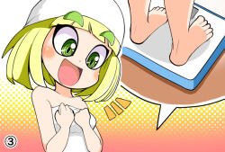 1girl arms_(game) bandana blonde_hair bob_cut feet furumoto_yuuya green_eyes happy min_min_(arms) ringed_eyes short_hair towel weighing_scale