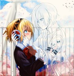 1boy 1girl aigis_(persona) armband bird blonde_hair cherry_blossoms cloud gekkoukan_high_school_uniform gloves hair_over_one_eye jacket persona persona_3 red_ribbon ribbon robot_ears robot_girl sky smile spirit tears yukiart_83 yuuki_makoto_(persona_3)
