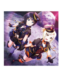 Rule 34 | 2girls, artbook, asaka karin, black gloves, blonde hair, blue eyes, boots, choker, earth (planet), gloves, hat, highres, holding hands, long hair, looking at viewer, love live!, love live! nijigasaki high school idol club, miyashita ai, multiple girls, multiple moles, non-web source, official art, open mouth, orange eyes, planet, ponytail, purple hair, short sleeves, shorts, smile, space, thighhighs