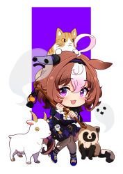 1girl :d @_@ absurdres ahoge animal animal_ears animal_on_head ascot back_bow black_dress black_pantyhose blue_shoes blush bow brown_hair cat cat_on_head chibi chibi_only double-parted_bangs dress ear_covers full_body ghost goat gradient_hair hair_between_eyes hairband halloween_costume high_heels highres holding holding_staff horse_ears horse_girl horse_tail lantern large_bow layered_dress long_sleeves medium_hair meisho_doto_(dot-o&#039;-lantern)_(umamusume) meisho_doto_(umamusume) meto_(cat) mochiyukimi21 multicolored_hair neck_ribbon no_headwear official_alternate_costume on_head open_mouth orange_bow orange_ribbon pantyhose pink_hair purple_eyes purple_hairband ribbon shoes short_dress single_ear_cover smile solo staff tail tanuki two-tone_hair umamusume white_ascot white_hair