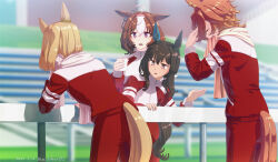 4girls admire_vega_(umamusume) ahoge animal_ears blonde_hair blurry blurry_background brown_hair clothing_cutout commentary_request cup dated day flying_sweatdrops hairband hand_on_own_forehead holding holding_cup holding_towel horse_ears horse_girl horse_tail jacket long_hair long_sleeves looking_at_another meisho_doto_(umamusume) multicolored_hair multiple_girls narita_top_road_(umamusume) official_alternate_costume open_clothes open_jacket open_mouth orange_tail outdoors pants pink_eyes purple_eyes red_pants short_hair standing sweat t.m._opera_o_(umamusume) tail tail_through_clothes takuzui towel tracen_training_uniform twitter_username two-tone_hair umamusume