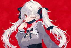 1girl ;p adjusting_mask arm_at_side barbell_piercing bat_wings black_corset black_mask black_ribbon breasts buttons center_frills chest_belt cleavage commentary_request corset cross cross_print crossed_bangs demon_wings detached_wings ear_piercing earrings facial_mark frilled_shirt_collar frills genderswap genderswap_(mtf) grey_shirt hair_between_eyes hair_ornament hair_ribbon hand_on_mask hand_up heart heart_facial_mark heart_o-ring heart_ring index_ring industrial_piercing jewelry jirai_kei kuzuha_(nijisanji) large_breasts long_hair long_sleeves mark_under_eye mask mask_pull mini_wings mole mole_under_eye mouth_mask multiple_piercings neck_ribbon nijisanji o-ring official_alternate_costume official_alternate_hairstyle official_art one_eye_closed ornate_ring piercing pinky_ring pointy_ears puritan_collar red_background red_eyes ribbon ring rurudo sanya_(kuzuha) second-party_source shirt simple_background single_hair_intake sleeve_cuffs solo stud_earrings tongue tongue_out twintails two-sided_ribbon underbust upper_body vampire_(vocaloid) virtual_youtuber vocaloid white_hair wings x_hair_ornament