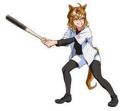 Rule 34 | 1girl, ahoge, animal ears, baseball bat, baseball uniform, batting stance, black pantyhose, black shoes, black undershirt, brown hair, chiba lotte marines, ear ornament, evil grin, evil smile, full body, grin, hair between eyes, hair ornament, hairclip, highres, holding, holding baseball bat, horse ears, horse girl, horse tail, jungle pocket (umamusume), legs apart, looking ahead, looking to the side, medium hair, nippon professional baseball, notched ear, open clothes, open shirt, outstretched arms, pantyhose, shirt, shirt under shirt, shoes, short sleeves, shorts, simple background, smile, solo, sportswear, striped clothes, striped shirt, tail, tori no teriyaki, umamusume, vertical-striped clothes, vertical-striped shirt, white background, white shirt, white shorts, yellow eyes