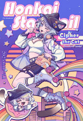 1girl absurdres animal_ear_fluff animal_ears baseball_cap black_hat blue_eyes cat_ears cat_tail character_name chibi cipher_(honkai:_star_rail) crop_top donut food grey_hair hat highres holding holding_food honkai:_star_rail honkai_(series) im_honeybread jacket kneehighs long_sleeves midriff multiple_views navel open_clothes open_jacket rainbow roller_skates skates socks tail white_socks