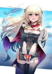 Rule 34 | 1girl, absurdres, aircraft, black thighhighs, blonde hair, breasts, cloak, colored inner cloak, commission, g3 (girls&#039; frontline), g3 (mod3) (girls&#039; frontline), girls&#039; frontline, gloves, helicopter, highres, large breasts, long hair, long sleeves, looking at viewer, open mouth, partially fingerless gloves, pixiv commission, purple eyes, red cloak, red garter straps, red gloves, senpaihawkkun, smile, solo, thighhighs, very long hair, white cloak