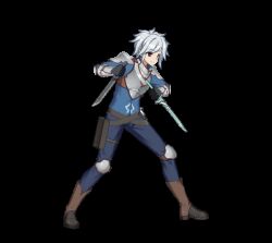 1boy animated animated_gif armor bell_cranel blinking blue_pants blue_shirt boots breastplate brown_boots commentary counter:side dual_wielding dungeon_ni_deai_wo_motomeru_no_wa_machigatteiru_darou_ka english_commentary full_body holding knee_boots knee_pads leaning_forward leg_up looking_ahead looping_animation male_focus official_art pants pauldrons red_eyes reverse_grip shirt short_hair short_sword shoulder_armor simple_background smile sword thigh_strap transparent_background vambraces weapon white_hair