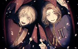 Rule 34 | 2boys, aiguillette, award ribbon, axis powers hetalia, black background, black gloves, blonde hair, blue jacket, confetti, facial hair, flag, france (hetalia), gloves, goatee stubble, holding, holding flag, jacket, looking at viewer, male focus, medium hair, military jacket, military uniform, multiple boys, open mouth, red jacket, red sash, sash, short hair, side-by-side, simple background, smile, stubble, thick eyebrows, tri4834, united kingdom (hetalia), upper body, wavy hair, white sash, yellow eyes