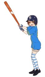 1girl :d baseball_bat baseball_helmet baseball_jersey batting_stance black_footwear blue_shirt brown_hair chunichi_dragons female_focus full_body gloves helmet holding holding_baseball_bat idolmaster idolmaster_cinderella_girls jersey looking_at_viewer nigou nippon_professional_baseball open_mouth ryuzaki_kaoru shirt short_hair simple_background smile solo striped_clothes striped_thighhighs thighhighs white_background yellow_eyes