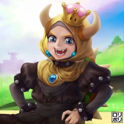 Rule 34 | 1girl, :3, adapted costume, armlet, artist logo, black collar, blonde hair, blue gemstone, bowsette, bracelet, collar, crown, day, earrings, fangs, female focus, forked eyebrows, gem, hands on own hips, highres, hijab, hijab as hair, jamrolypoly, jewelry, logo, looking at viewer, lower teeth only, mario (series), new super mario bros. u deluxe, nintendo, open mouth, outdoors, smile, solo, spiked armlet, spiked bracelet, spiked collar, spiked shell, spikes, super crown, teeth, thick eyebrows, turtle shell, upper teeth only, yellow hijab