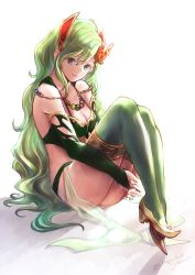 1girl absurdres blue_eyes breasts cleavage closed_mouth detached_sleeves final_fantasy final_fantasy_iv final_fantasy_iv:_the_after_years green_eyes green_hair hair_ornament highres komugiko_no_mori large_breasts long_hair looking_at_viewer aged_up rydia_(ff4) simple_background smile solo thighhighs white_background