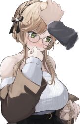 Rule 34 | 1girl, ade (maid in spring) (nikke), ade (nikke), brown-framed eyewear, brown coat, brown hair, coat, eri aki0827, goddess of victory: nikke, green eyes, headpat, highres, long sleeves, off-shoulder sweater, off shoulder, official alternate costume, ribbon braid, sweater, upper body, white sweater
