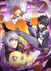 Rule 34 | 3boys, animal, architecture, ascot, bags under eyes, bat (animal), black boots, black gloves, black hair, black jacket, black shirt, black shoes, block (minecraft), blonde hair, blue ascot, blue brooch, blue eyes, blurry, boots, brooch, cape, castle, cellphone, chaldea logo, clenched teeth, closed mouth, command spell, commentary request, creature, crescent moon, csejte pyramid himeji castle, demon pillar (fate), depth of field, dumuzid (fate), east asian architecture, falling, fate/grand order, fate (series), feathers, frilled sleeves, frills, fujimaru ritsuka (male), fujimaru ritsuka (male) (polar chaldea uniform), fur-trimmed jacket, fur trim, fuyuhi tsukika, glove cutout, gloves, gold trim, grey hair, grey jacket, grey pants, hair between eyes, highres, himeji castle, holding, holding animal, holding creature, holding phone, jacket, jewelry, kadoc zemlupus, kirschtaria wodime, long hair, long sleeves, looking at phone, looking up, magic circle, male focus, midair, moon, multiple boys, neck piercing, night, open mouth, outdoors, pants, phone, popped collar, pyramid (structure), ramesseum tentyris, rare prism, ring, saint quartz (fate), sheep, shirt, shoes, short hair, side cape, smartphone, sparkle, sweat, teeth, three-quarter sleeves, white cape, white feathers, white gloves, white jacket, white pants, yellow eyes