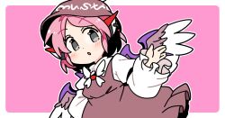 1girl animal_ears bird_ears bird_girl bird_wings blush border bow bowtie brown_dress brown_hat collared_shirt commentary dress grey_eyes hand_up hat ini_(inunabe00) long_sleeves looking_at_viewer mystia_lorelei open_mouth outline outside_border pink_background shirt simple_background solo touhou upper_body white_border white_bow white_bowtie white_outline white_shirt wings