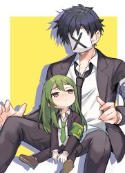 2boys aged_down between_legs black_hair black_jacket black_necktie black_pants black_suit brown_eyes brown_shoes child collared_shirt formal_clothes green_hair green_necktie jacket lapels legs_apart lobotomy_corporation long_hair looking_at_another male_focus medu_(rubish) multiple_boys necktie netzach_(project_moon) pants paper_on_head project_moon shirt shoes short_hair sitting suit white_shirt x_(project_moon)
