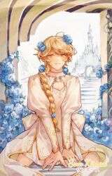Rule 34 | 1boy, aether (genshin impact), ahoge, blonde hair, blue flower, blue rose, braid, dress, flower, genshin impact, hair ornament, highres, i shinnie, long hair, long sleeves, open mouth, rose, smile, tagme, white dress, yellow eyes