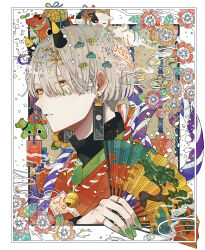 1boy absurdres akabeko bell earrings floral_border flower folding_fan gold_ring green_nails hair_ornament hair_over_one_eye hand_fan highres holding holding_fan horns japanese_clothes jewelry looking_at_viewer original parted_lips shira_mame93 smoke smoke_trail solo sunflower talisman tassel teeth turtleneck yellow_eyes