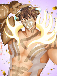 Rule 34 | 1boy, abs, absurdres, brown eyes, brown hair, commentary request, confetti, eikthyrnir (fire emblem), eikthyrnir (resolved to train) (fire emblem), fire emblem, fire emblem heroes, headdress, highres, male focus, mask, mouth mask, muscular, muscular male, nintendo, official alternate costume, short hair, showk555dx, solo, textless version, twitter username, variant set