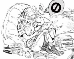 Rule 34 | 2girls, anisphia wynn palettia, blush, book, book stack, closed eyes, commentary request, euphyllia magenta, holding, holding book, holding pen, koyomania, medium hair, multiple girls, pants, parted lips, pen, speech bubble, tensei oujo to tensai reijou no mahou kakumei, thought bubble, used tissue