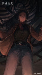 1girl absurdres belt black_belt black_hair black_shirt blue_pants brown_eyes brown_hat brown_jacket newsboy_cap copyright_name copyright_notice cowboy_shot denim earrings film_strip from_below hands_up hat highres jacket jeans jewelry legs_apart logo long_hair long_sleeves looking_at_viewer night night_sky official_art official_wallpaper open_clothes open_jacket pants parted_lips pearl_earrings qi_xing_(reverse:1999) red_undershirt reverse:1999 shirt shirt_tucked_in shirt_under_shirt sky solo