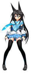 1girl :&lt; animal_ears black_hair brown_eyes char female_focus highres long_hair necro-san original panties pantyshot school_uniform skirt solo striped_clothes striped_panties thighhighs underwear zettai_ryouiki