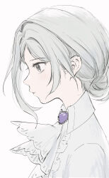 1girl absurdres ascot collared_shirt grey_eyes grey_hair hair_bun highres portrait profile reverse:1999 shirt short_hair single_side_bun solo vertin_(reverse:1999) white_ascot white_background white_shirt yukiri_(l_ii)
