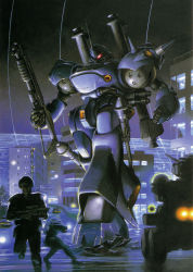 1980s_(style) 2boys armored_personnel_carrier armored_vehicle battle box_art bullpup city colony_interior gun gundam gundam_0080 high-explosive_anti-tank_(warhead) highres kampfer_(mobile_suit) m1_bazooka man-portable_anti-tank_systems mecha motor_vehicle multiple_boys night oldschool panzerfaust recoilless_gun retro_artstyle robot rocket_launcher shotgun soldier vehicle weapon