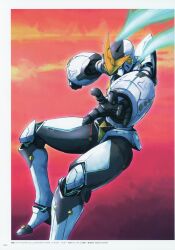3d absurdres aqua_eyes aqua_sclera armor aura black_armor blue_aura clenched_hand colored_sclera dynamic_pose full_body gauntlets glowing glowing_eye glowing_lines gold_trim gunvarrel helmet highres ishiwata_makoto kidou_battle_gunvarrel mecha mecha_focus mechanical_hands no_humans official_art open_hand outstretched_arm reaching reaching_towards_viewer robot robotics;notes scan science_fiction simple_background solo standing v-fin white_armor white_background