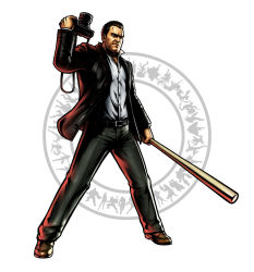 1boy baseball_bat belt brown_hair camera capcom dead_rising frank_west full_body highres jacket male_focus marvel marvel_vs._capcom marvel_vs._capcom_3 mori_toshiaki official_art solo weapon white_background