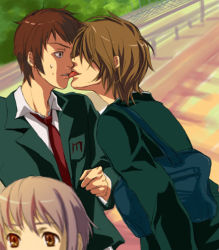 00s 2boys artist_request brown_eyes brown_hair koizumi_itsuki kyon licking male_focus multiple_boys nagato_yuki necktie purple_hair school source_request surprised suzumiya_haruhi_no_yuuutsu tongue yaoi