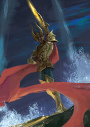 1boy arm_up armor armored_boots black_hair boots cape capricorn_shura fake_horns full_body goat_horns gold_armor gold_cloth gold_saint helmet highres horned_helmet horns light_smile looking_at_viewer male_focus pauldrons red_cape saint_seiya short_hair shoulder_armor solo spiked_hair splashing standing v-shaped_eyebrows water zishiyao