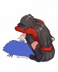 1girl back black_hair black_skirt black_thighhighs blue_eyes cat_shadow_puppet_(meme) fate/stay_night fate_(series) from_behind full_body hair_ribbon highres long_hair meme red_shirt ribbon shadow shirt shoes simple_background skirt solo squatting thighhighs tohsaka_rin two_side_up white_background xxxxay
